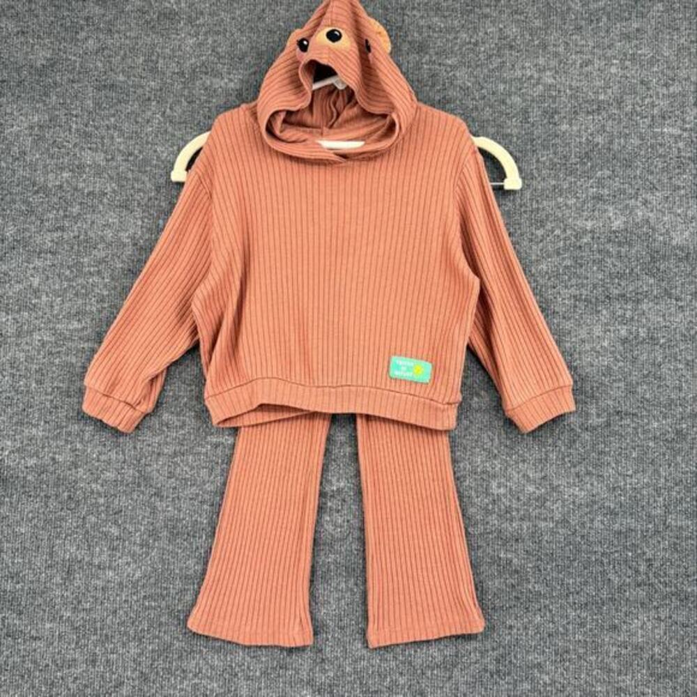 H&M Toddler Girls Knit Teddy Bear Hood Lounge Set Sz 3T Brown Flared Pants Cozy